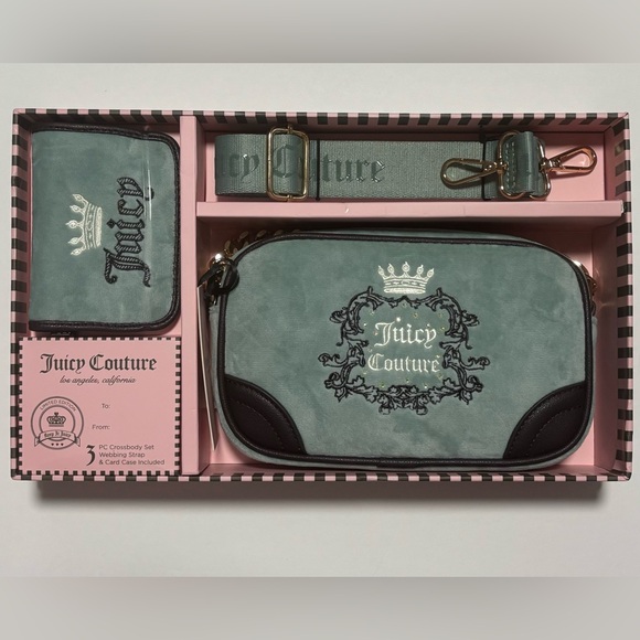 Juicy Couture Gift Set Cool Blue Heritage Slim Camera Bag & Envelope Card Case - Picture 1 of 15